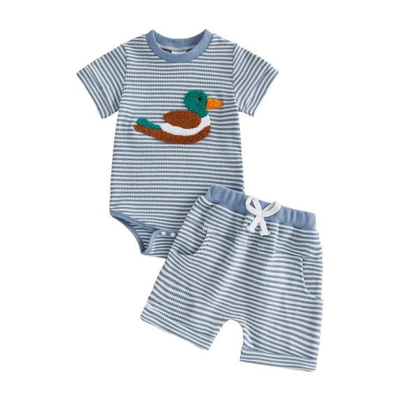 BemeyourBBs Newborn Baby Boy Duck Outfits Cute Infant Boys Summer Clothes Mallard Embroidered Striped Crew Neck Short Sleeve Romper and Shorts 2 Pcs Set