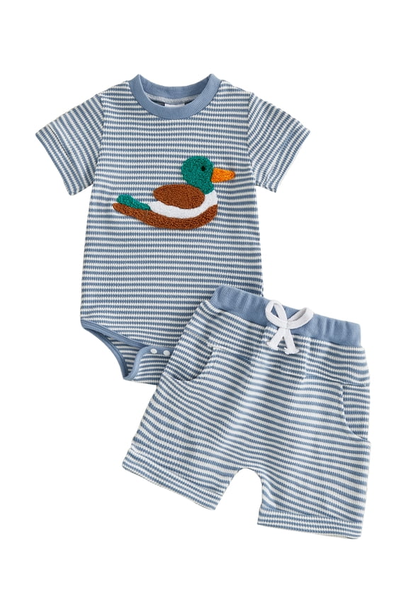 Newborn Baby Boy Duck Outfits Cute Infant Boys Summer Clothes Mallard Embroidered Striped Crew Neck Short Sleeve Romper and Shorts 2 Pcs Set