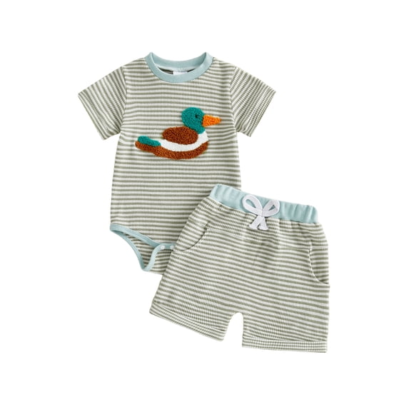 BemeyourBBs Newborn Baby Boy Duck Outfits Cute Infant Boys Summer Clothes Mallard Embroidered Striped Crew Neck Short Sleeve Romper and Shorts 2 Pcs Set