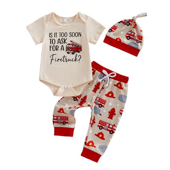 BemeyourBBs Newborn Baby Boy Firefighter Outfit Infant Summer Clothes Is It Too Soon To Ask For A Fire Truck Short Sleeve Romper Pants Set Hat
