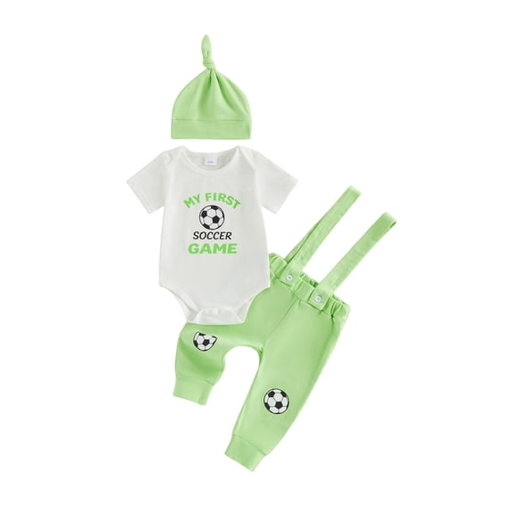 BemeyourBBs Newborn Baby Boy My First Soccer Game Outfits Baby Boy Spring Summer Fall Clothes 0 3 6 12 18 Months Letter Football Print Short Sleeve Rompers Suspender Pants Hat 3Pcs Set