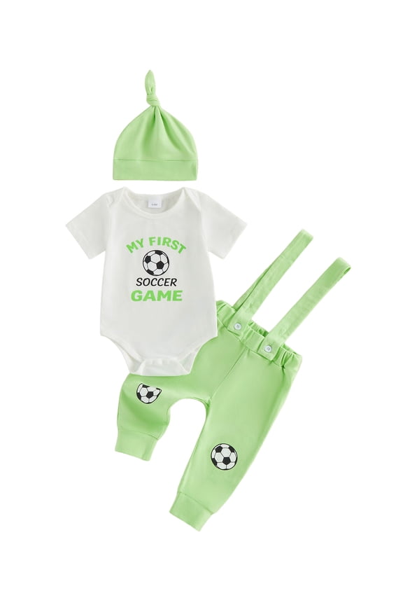 Newborn Baby Boy My First Soccer Game Outfits Baby Boy Spring Summer Fall Clothes 0 3 6 12 18 Months Letter Football Print Short Sleeve Rompers Suspender Pants Hat 3Pcs Set