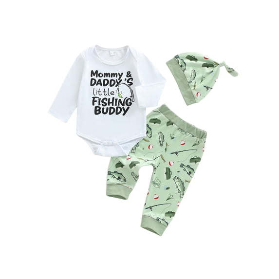 BemeyourBBs Newborn Baby Boy Fishing Outfit Spring Fall Winter Clothes Letter Print Romper Fish Pants Hat Set