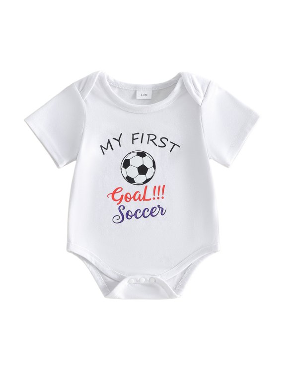 Newborn Baby Boy Football Outfit Baby My First Goal Soccer Outfit Bubble Romper Soccer Ball Print Short Sleeve Bodysuit Cute Infant Baby Boy Summer Clothes