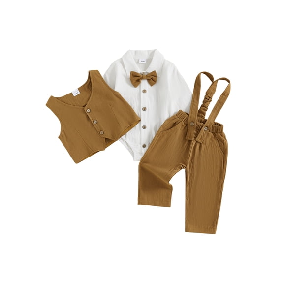 BemeyourBBs Newborn Baby Boy Gentleman Outfit 3Pcs Baby Boys Spring Fall Clothes Long Sleeve Lapel Button Down Bowtie Romper Waistcoat Suspender Pants Sets Baby Boy Baptism Day Wedding Church Outfit