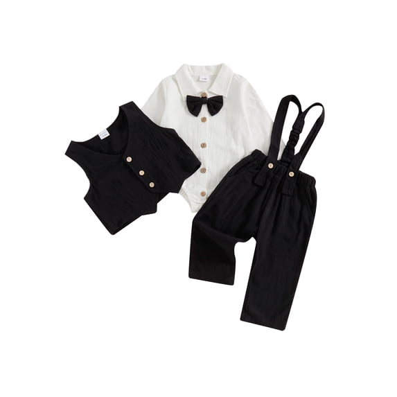 BemeyourBBs Newborn Baby Boy Gentleman Outfit 3Pcs Baby Boys Spring Fall Clothes Long Sleeve Lapel Button Down Bowtie Romper Waistcoat Suspender Pants Sets Baby Boy Baptism Day Wedding Church Outfit