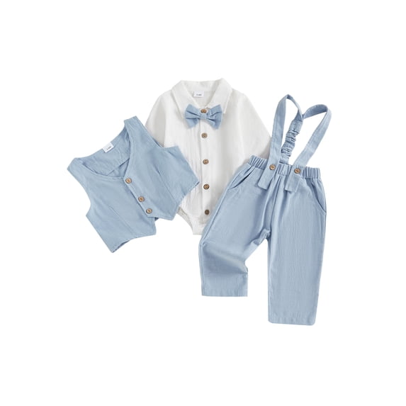 BemeyourBBs Newborn Baby Boy Gentleman Outfit 3Pcs Baby Boys Spring Fall Clothes Long Sleeve Lapel Button Down Bowtie Romper Waistcoat Suspender Pants Sets Baby Boy Baptism Day Wedding Church Outfit