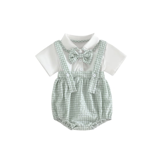 BemeyourBBs Newborn Baby Boy Gentleman Outfit Infant Baby Boy Summer Clothes Bubble Romper Fake Two-Piece Short Sleeve Turn-down Collar Plaid Bodysuit Playsuit with Bowtie Baptism Day Church Outfit