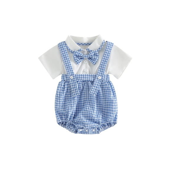 BemeyourBBs Newborn Baby Boy Gentleman Outfit Infant Baby Boy Summer Clothes Bubble Romper Fake Two-Piece Short Sleeve Turn-down Collar Plaid Bodysuit Playsuit with Bowtie Baptism Day Church Outfit