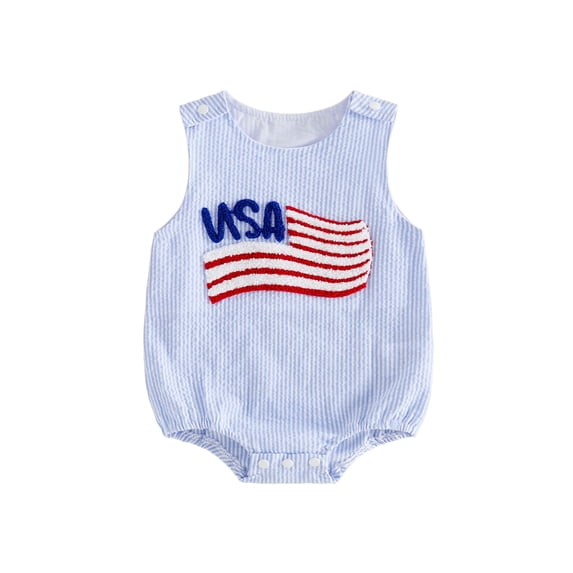 BemeyourBBs Newborn Baby Boy Girl 4th of July Outfit Patriot Independent Day Clothes Summer Bubble Romper Sleeveless Stripes Embroidery USA Flag Fourth of July Bodysuit Overalls Playsuit Jumpsuit