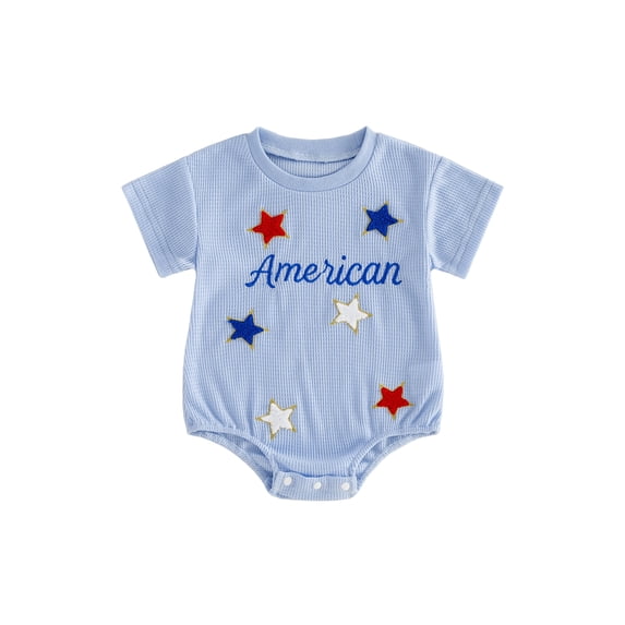 BemeyourBBs Newborn Baby Boy Girl 4th of July Outfit Patriot Independent Day Summer Clothes Infant Baby Bubble Romper Letter Star Flag Embroidery Short Sleeve Bodysuits Jumpsuits
