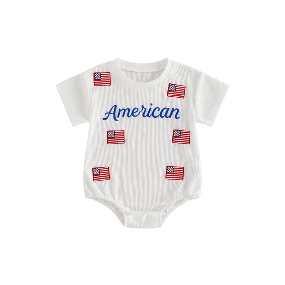 BemeyourBBs Newborn Baby Boy Girl 4th of July Outfit Patriot Independent Day Summer Clothes Infant Baby Bubble Romper Letter Star Flag Embroidery Short Sleeve Bodysuits Jumpsuits