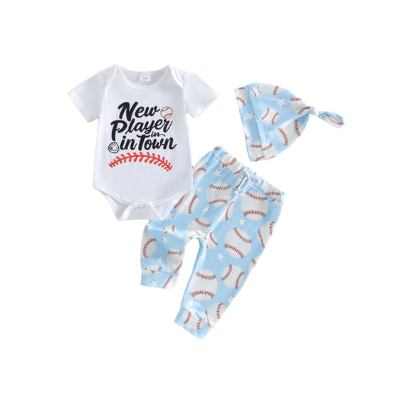 BemeyourBBs Newborn Baby Boy Girl Baseball Outfit Summer Clothes Letters Baseball Print Short Sleeve Romper Tops with Long Pants Set Hat 3Pcs Spring Summer Fall Clothes