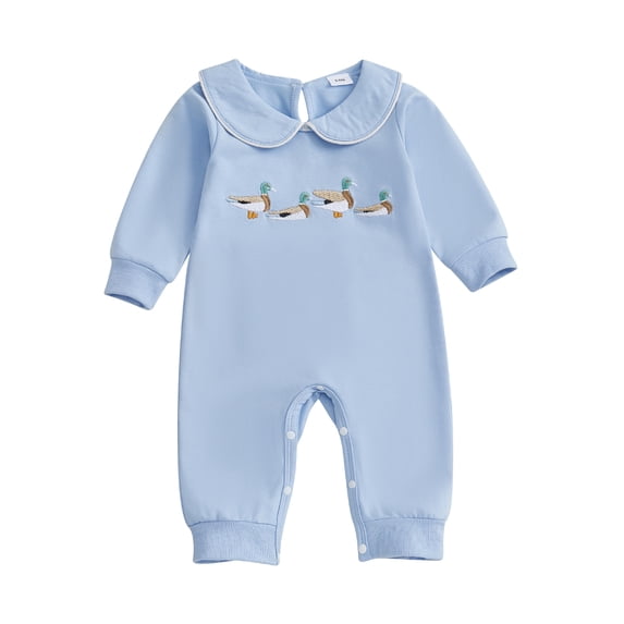 BemeyourBBs Newborn Baby Boy Girl Duck Outfit Fall Winter Spring Clothes Sweatshirt Romper Cute Mallard Embroidered Doll Collar Long Sleeve Jumpsuit
