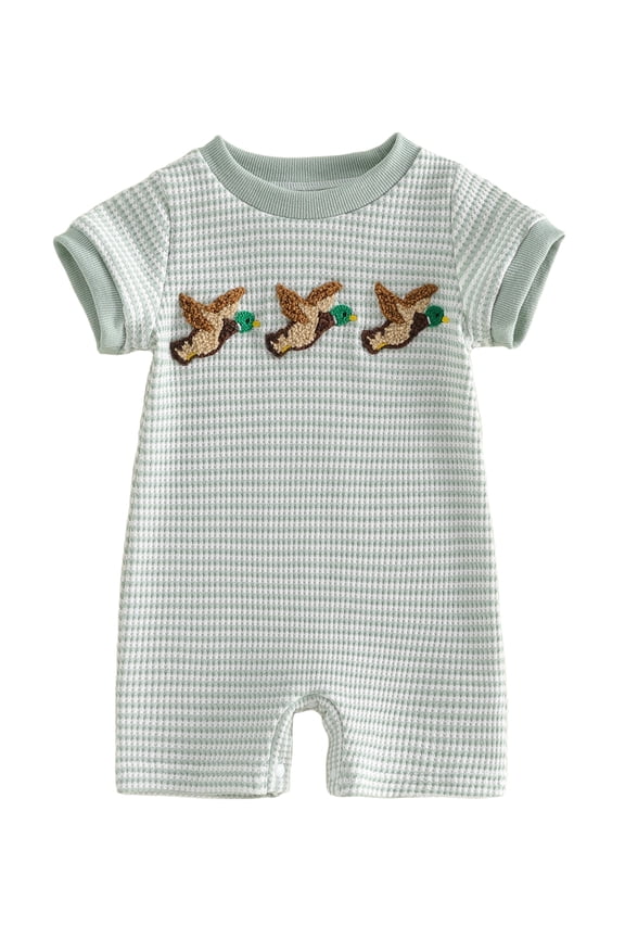 Newborn Baby Boy Girl Duck Outfit Summer Clothes Waffle Knit Striped Romper Casual Mallard Embroidered Striped Crew Neck Short Sleeve Infant Jumpsuit Shorts