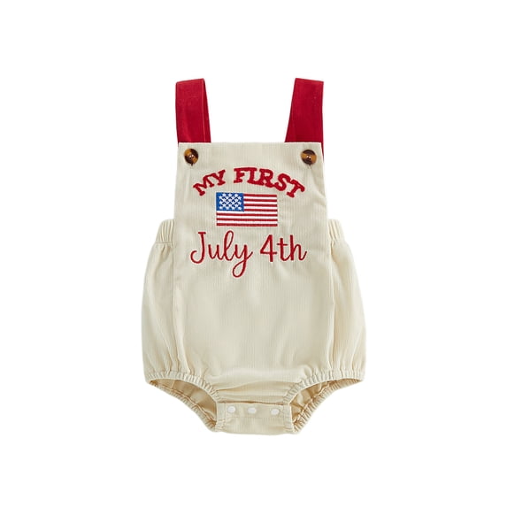 BemeyourBBs Newborn Baby Boy Girl My First 4th of July Outfit Patriot Independent Day Clothes Summer Bubble Romper Overalls Girls Boys Letters America Flag Embroidery Sleeveless Corduroy Jumpsuit
