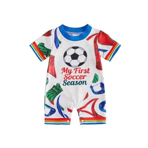 BemeyourBBs Newborn Baby Boy Girl My First Soccer Season Outfit Cute Infant Baby Football Outfit Summer Romper Clothes Short Sleeve Soccer Theme Contrast Color Jumpsuit Shorts