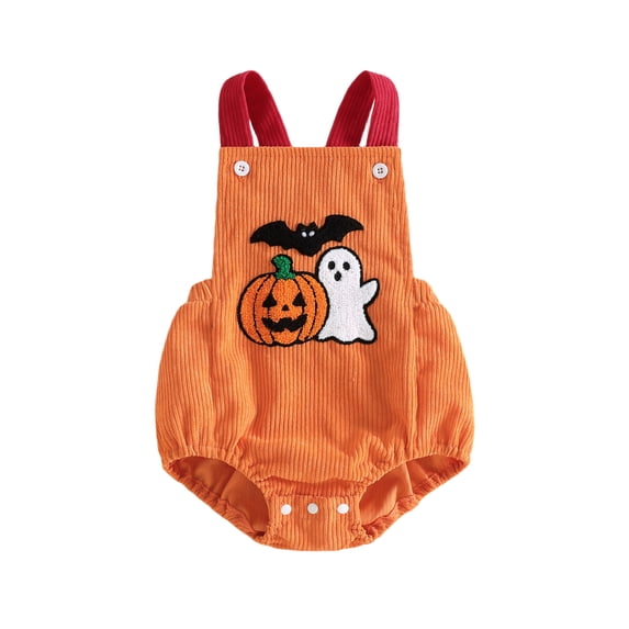 BemeyourBBs Newborn Baby Boy Girl Halloween Outfit Infant Boys Girls Corduroy Bubble Romper Overalls Pumpkin Ghost Bat Embroidered Sleeveless Jumpsuit Overalls Playsuit