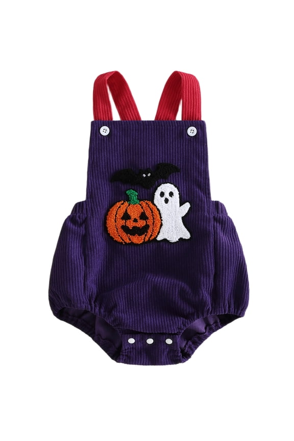 Newborn Baby Boy Girl Halloween Outfit Infant Boys Girls Corduroy Bubble Romper Overalls Pumpkin Ghost Bat Embroidered Sleeveless Jumpsuit Overalls Playsuit