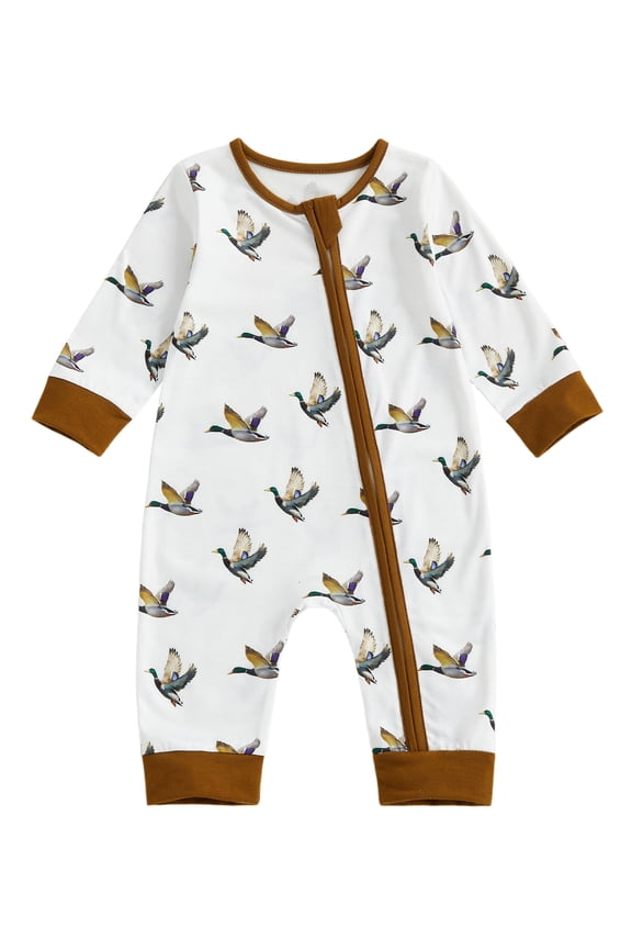 Newborn Baby Boy Girl Hunting Duck Outfits Mallard Romper One Piece Long Sleeve Zip Jumpsuit Spring Fall Winter Clothes