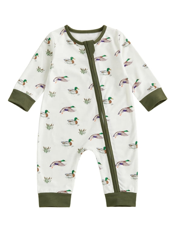 Newborn Baby Boy Girl Hunting Duck Outfits Mallard Romper One Piece Long Sleeve Zip Jumpsuit Spring Fall Winter Clothes
