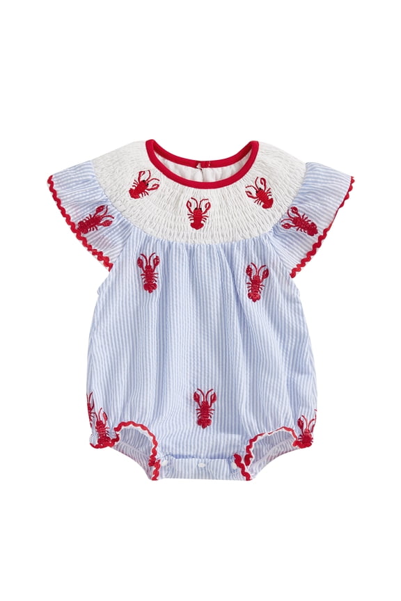 Newborn Baby Boy Girl Lobster Bubble Romper Crab Crawfish Embroidery Clothes Ruffle Short Sleeve Smocked Bodysuit Summer Outfits