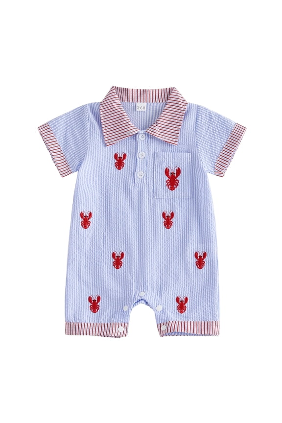 Newborn Baby Boy Girl Lobster Outfits Crayfish Crab Romper Infant Summer Clothes Stripe Print Embroidery Short Sleeve Lapel Button Down Jumpsuit