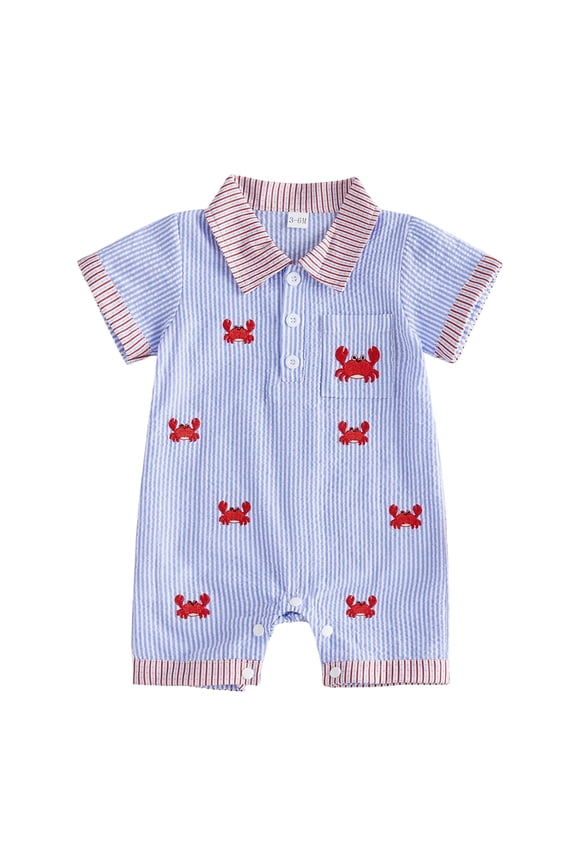 Newborn Baby Boy Girl Lobster Outfits Crayfish Crab Romper Infant Summer Clothes Stripe Print Embroidery Short Sleeve Lapel Button Down Jumpsuit