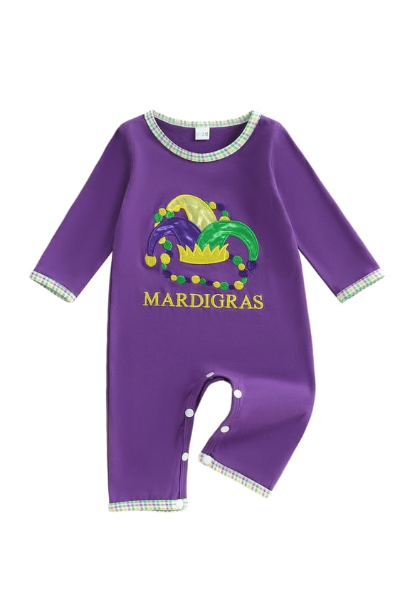 Newborn Baby Boy Girl Mardi Gras Outfits Spring Fall Winter Romper Carnival Long Sleeve Letters Circus Hat Embroidery Jumpsuit One Piece Baby Essentials Clothes