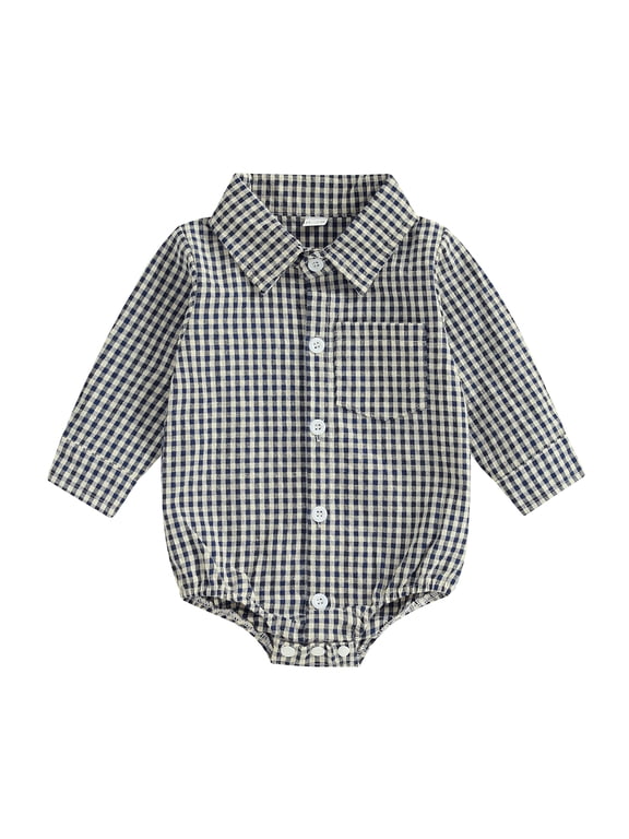 Newborn Baby Boy Girl Plaid Gingham Bubble Romper Shirt Infant Baby Boys Spring Summer Fall Winter Clothes Lapel Neck Long Sleeve Button Down Dress Shirt Romper Bodysuit
