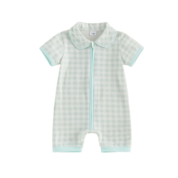 BemeyourBBs Newborn Baby Boy Girl Summer Clothes 0 3 6 Months Plaid Romper One Piece Outfit Short Sleeve Turn-down Collar Zipper Jumpsuits Shorts
