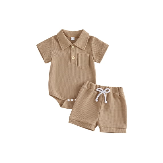 BemeyourBBs Newborn Baby Boy Girl Summer Clothes 2 Piece Outfits Waffle Texture Button Lapel Neck Short Sleeve Solid Color Romper and Shorts Set