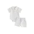 thumbnail image 1 of BemeyourBBs Newborn Baby Boy Girl Summer Clothes 2 Piece Outfits Waffle Texture Button Lapel Neck Short Sleeve Solid Color Romper and Shorts Set, 1 of 9