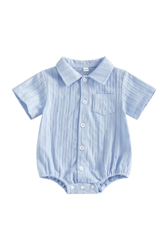 Newborn Baby Boy Girl Summer Clothes Collared Shirt Bubble Romper Dress Shirt Short Sleeve Button Down Shirt Bodysuit With Pocket Baby Boy Church Outfit