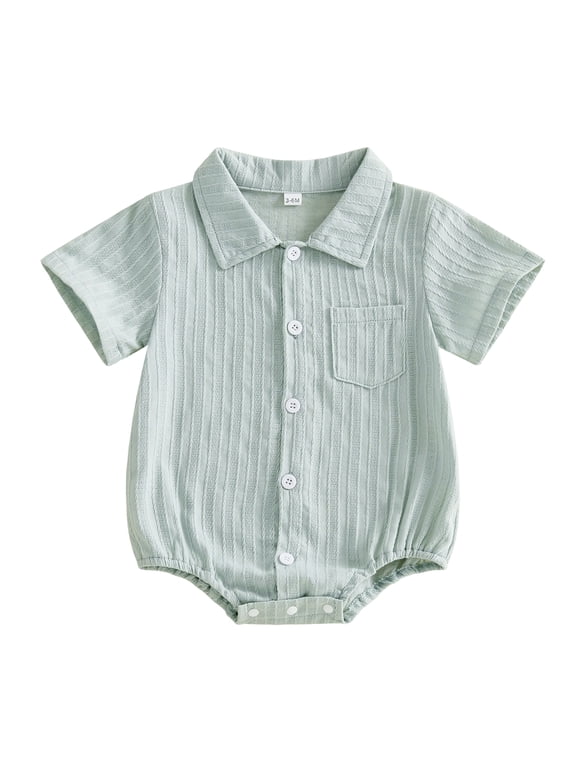Newborn Baby Boy Girl Summer Clothes Collared Shirt Bubble Romper Dress Shirt Short Sleeve Button Down Shirt Bodysuit With Pocket Baby Boy Church Outfit
