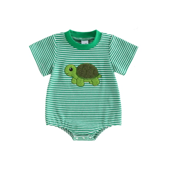 BemeyourBBs Newborn Baby Boy Girl Summer Clothes Cute Infant Baby Turtle Outfit Waffled Striped Bubble Romper Short Sleeve Turtle Embroidery Bodysuit One Piece Jumpsuit