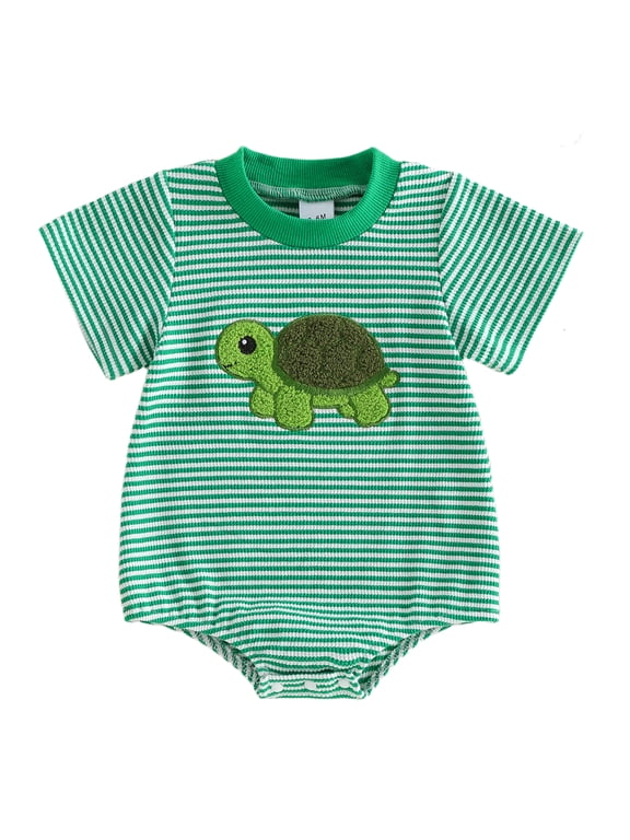 Newborn Baby Boy Girl Summer Clothes Cute Infant Baby Turtle Outfit Waffled Striped Bubble Romper Short Sleeve Turtle Embroidery Bodysuit One Piece Jumpsuit