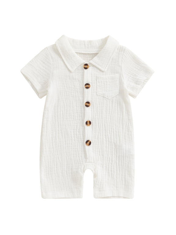 Newborn Baby Boy Girl Summer Clothes Infant Baby Boys Cotton Linen Outfit One Piece Romper Solid Color Lapel Short Sleeve Button Down Jumpsuit Shorts