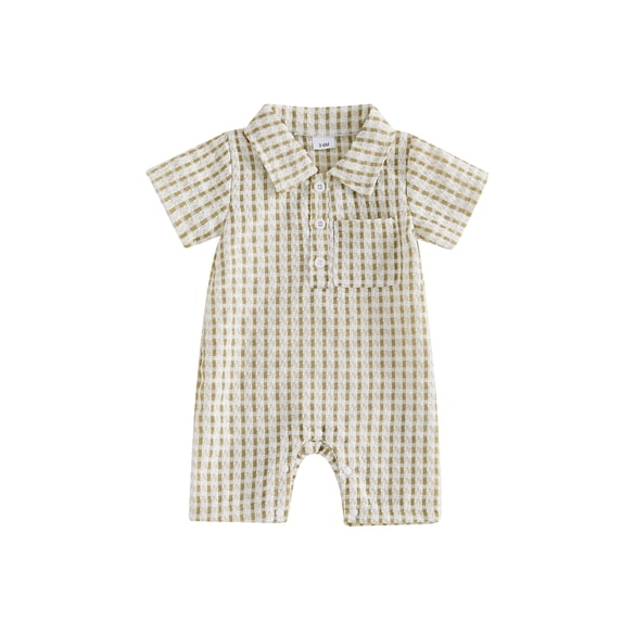 BemeyourBBs Newborn Baby Boy Girl Summer Clothes Waffle Knit Plaid Romper One Piece Outfit Collared Short Sleeve Chest Pocket Casual Jumpsuit Shorts