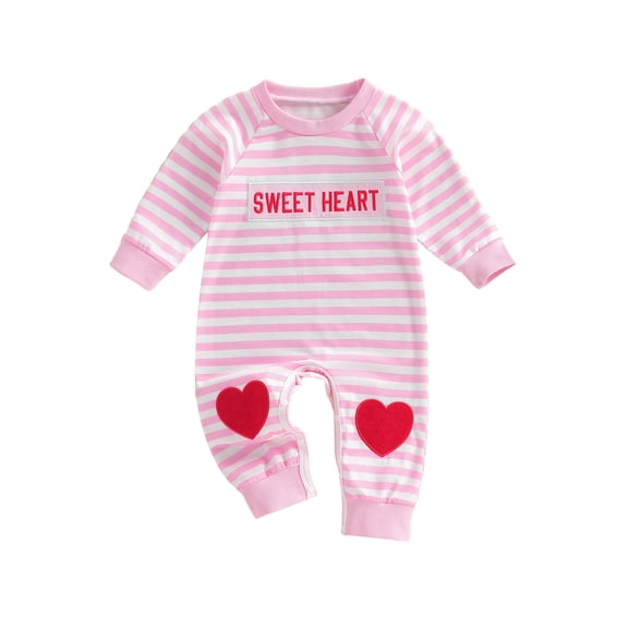BemeyourBBs Newborn Baby Boy Girl Valentines Day Outfits Striped Plaid Romper Long Sleeve Crew Neck Heart Letters Embroidery Jumpsuit Cute Fall Winter Spring Clothes