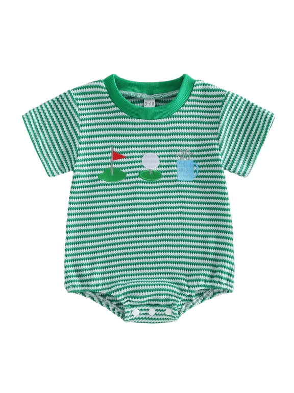 Newborn Baby Boy Golf Outfit Infant Baby Boys Summer Clothes Waffled Bubble Romper Golf Themed Embroidery Striped Short Sleeve Bodysuit One Piece Jumpsuit