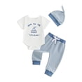 thumbnail image 1 of BemeyourBBs Newborn Baby Boy Hospital Coming Home Outfit Baby Boy Summer Clothes Sailboat Letter Embroidered Short Sleeve Romper Striped Pants and Hat 3 Piece Set, 1 of 9