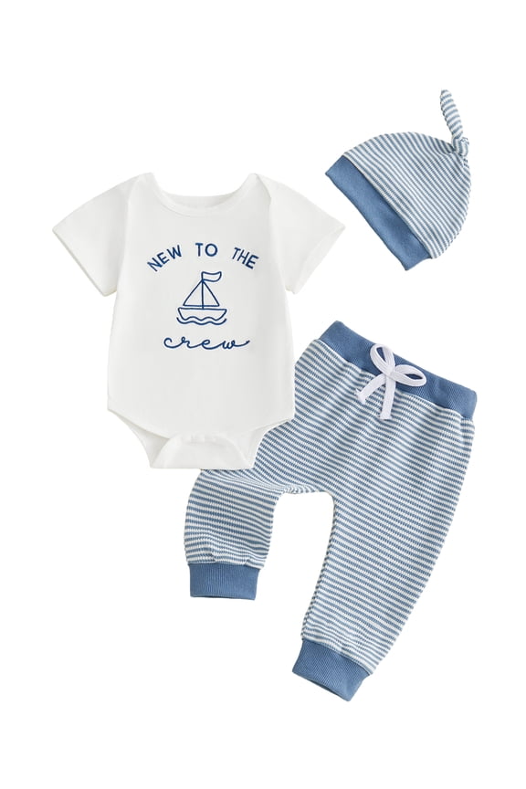 Newborn Baby Boy Hospital Coming Home Outfit Baby Boy Summer Clothes Sailboat Letter Embroidered Short Sleeve Romper Striped Pants and Hat 3 Piece Set