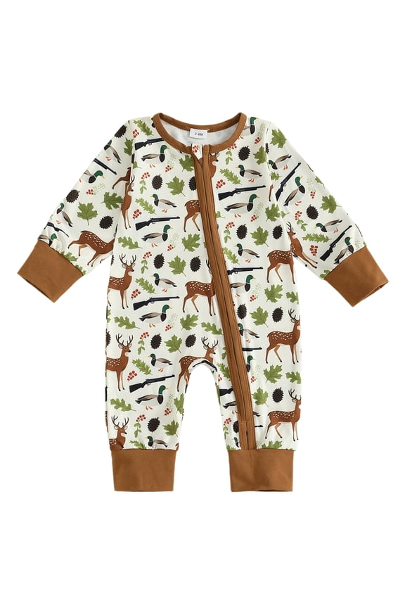 Newborn Baby Boy Hunting Outfit Mallard Duck Reindeer Romper Long Sleeve Zipper Up Jumpsuit Fall Winter Spring Clothes