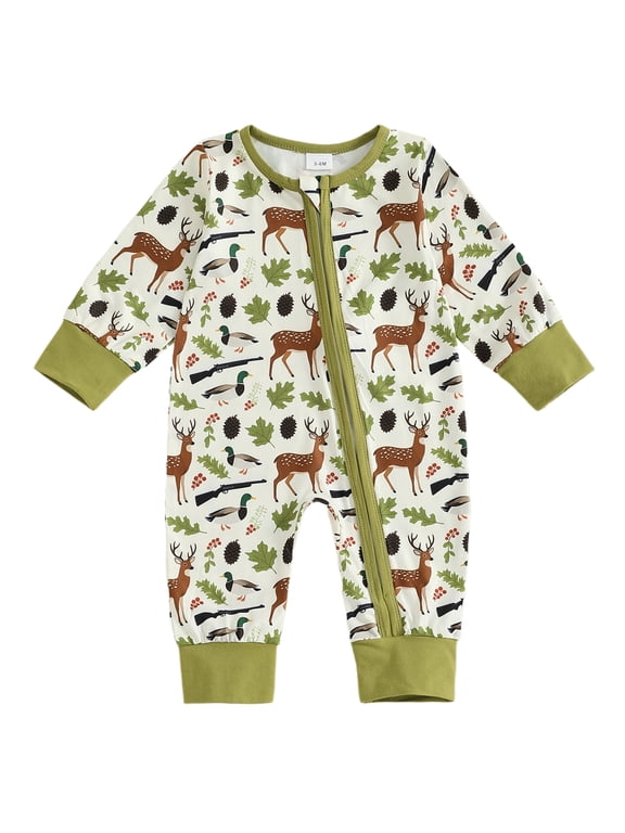 Newborn Baby Boy Hunting Outfit Mallard Duck Reindeer Romper Long Sleeve Zipper Up Jumpsuit Fall Winter Spring Clothes