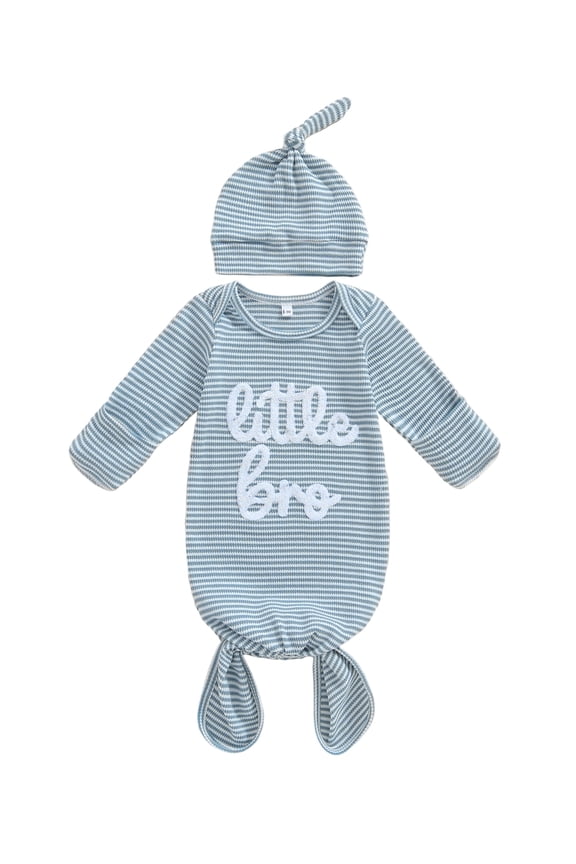 Newborn Baby Boy Little Bro Outfit Waffle Knit Baby Sleepsacks Sleep Bag Knotted Gown and Hat Set Stripe Letter Embroidery Long Sleeve Sleepwear