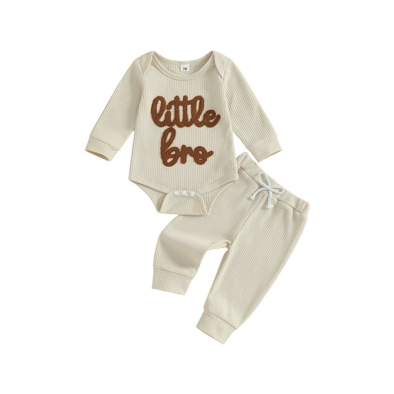 BemeyourBBs Newborn Baby Boy Little Brother Outfit Hospital Coming Home Outfits Waffled Knit Little Bro Letter Embroidery Long Sleeve Romper Long Pants Set 2Pcs Infant Boy Clothes