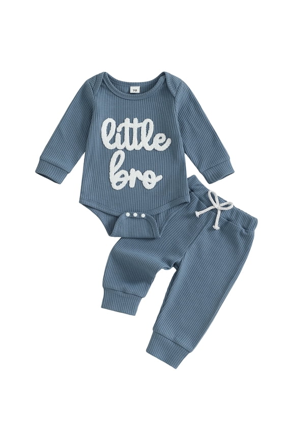 Newborn Baby Boy Little Brother Outfit Hospital Coming Home Outfits Waffled Knit Little Bro Letter Embroidery Long Sleeve Romper Long Pants Set 2Pcs Infant Boy Clothes