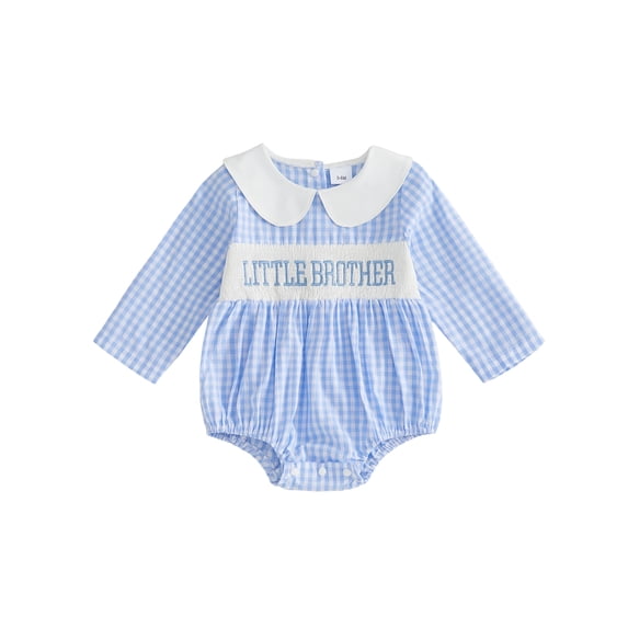 BemeyourBBs Newborn Baby Boy Little Brother Outfit Infant Baby Boys Spring Fall Clothes Gingham Plaid Bubble Romper Long Sleeve Letter Embroidery Doll Collar Smocked Bodysuit Jumpsuit