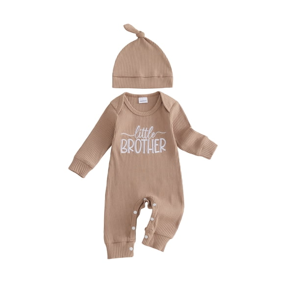 BemeyourBBs Newborn Baby Boy Little Brother Outfit Rib Knit Romper Letter Embroidered Long Sleeve Infant Spring Fall Winter Clothes Bodysuits Jumpsuits with Hat